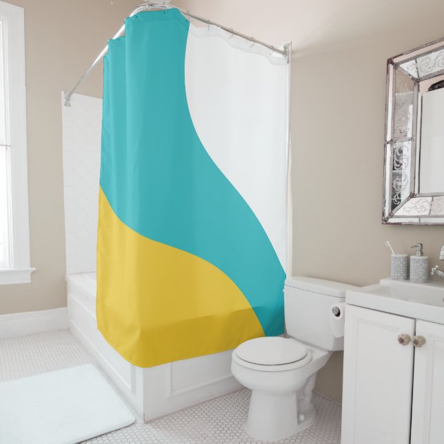Simple Waves - Turquoise and Yellow Shower Curtain (In Situ)