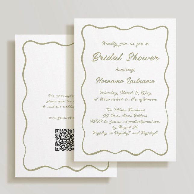 Simple Wavy Frame Olive Green QR Bridal Shower Invitation (Creator Uploaded)