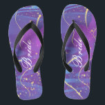 Simple Wavy Gold Lines Purple Wedding Bride Jandals<br><div class="desc">These personalised flip flops feature a simple wavy gold lines and sparkles pattern on the purple background. The beautiful flip flops are a memorable gift for wedding party members: bride, bridesmaids, mother of the bride, maid of honour... They will add a stylish dose of glam to your wedding day, bachelorette party, or other...</div>