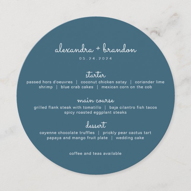 Simple Weathered Blue Round Wedding Menu (Front)