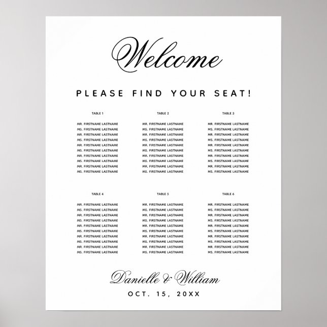 Simple Wedding 6 Table Black & White Seating Chart (Front)
