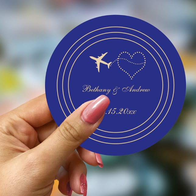 Simple Wedding Blue Gold Travel Classic Round Sticker (Creator Uploaded)