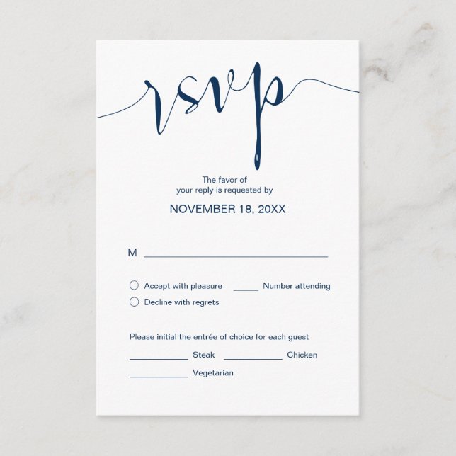 Simple Wedding Calligraphy, Navy Blue, Dinner RSVP Enclosure Card (Front)