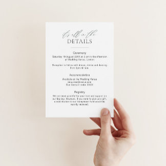 Simple wedding details card with sage green font