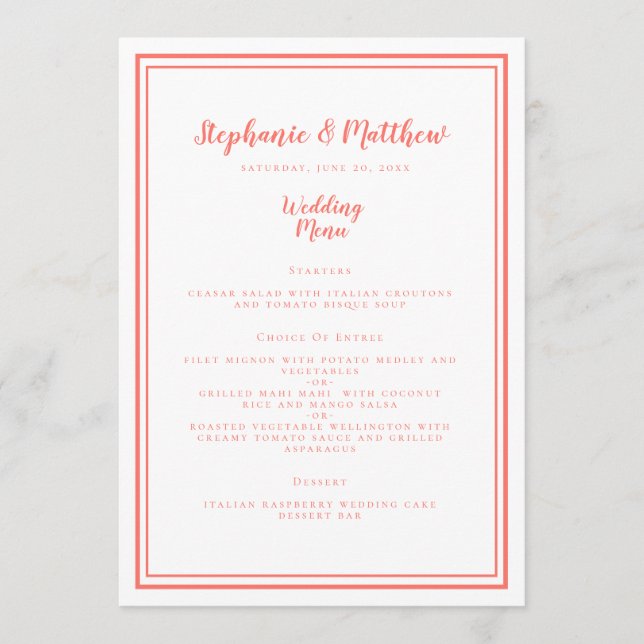 Simple Wedding Menu Living Coral Framed Chic (Front)
