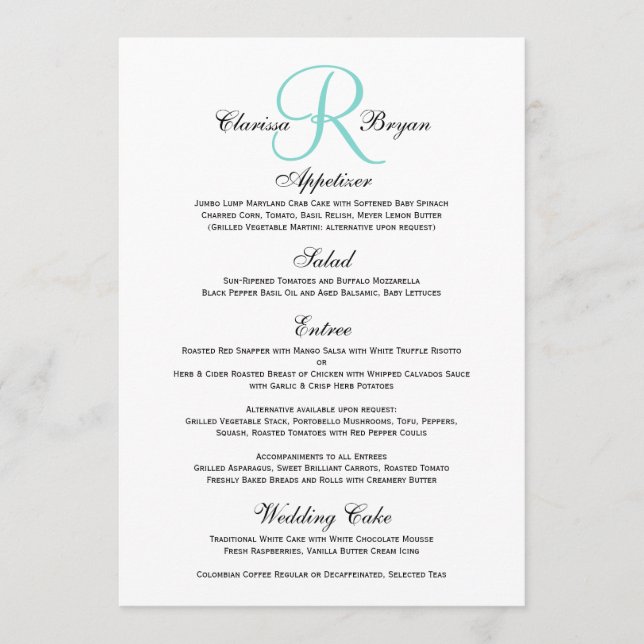 Simple Wedding Menu with Blue Monogram Initial #2 (Front)