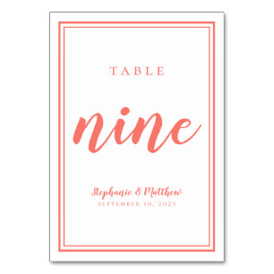 Simple Wedding Minimalist Table Nine Coral & White Number