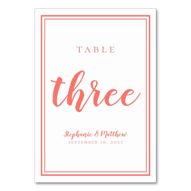 Simple Wedding Minimalist Table Three Coral White Table Number (Front)