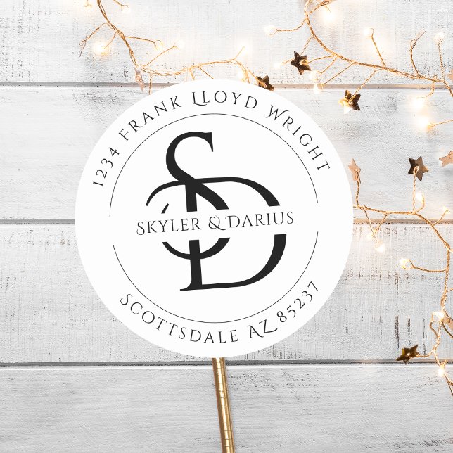 Simple Wedding Monogram Return Address Classic Round Sticker (Creator Uploaded)