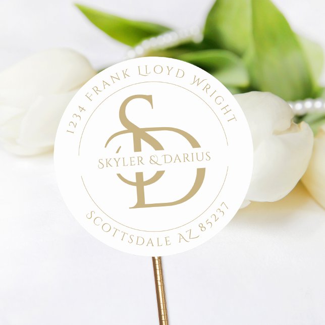 Simple Wedding Monogram Return Address Classic Round Sticker (Creator Uploaded)