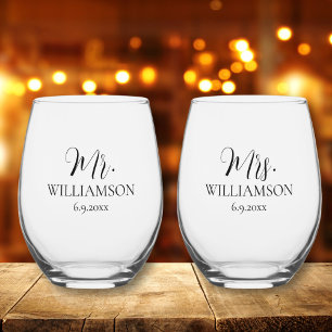 Simple Wedding Mr. Mrs. Names Date Custom  Stemless Wine Glass