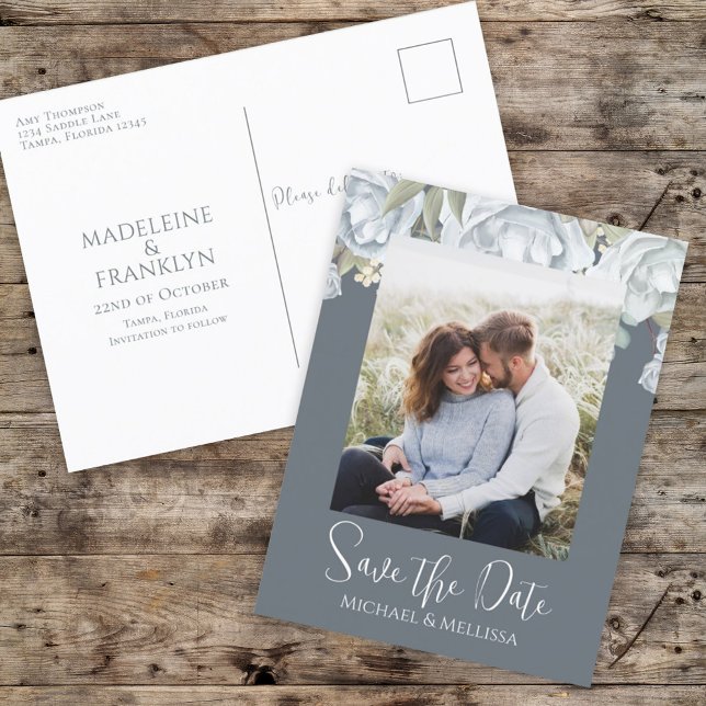 Simple Wedding Photo Save the Date Floral Postcard (Creator Uploaded)