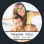 Simple Wedding Photo Thank You Classic Round Sticker<br><div class="desc">Customise these wedding favour thank you stickers with your favourite photo,  your thank you message and names. Visit our store to see all of our wedding paper products for your big day!</div>