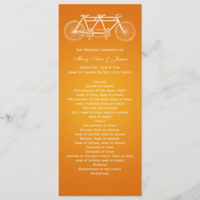 Simple Wedding Program Tandem Bike Orange Programme (Front)