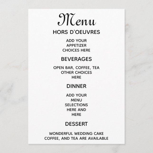 Simple wedding reception menu (Front)