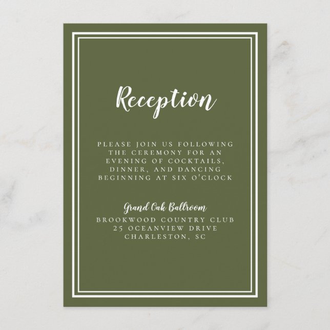 Simple Wedding Reception Olive Green White Classic Enclosure Card (Front)