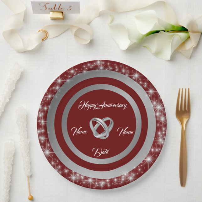 Simple Wedding Rings Customise Silver Anniversary Paper Plate (Wedding)