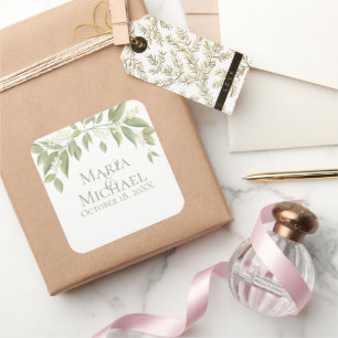 Simple Wedding Sage Greenery Foliage Favour Square Sticker