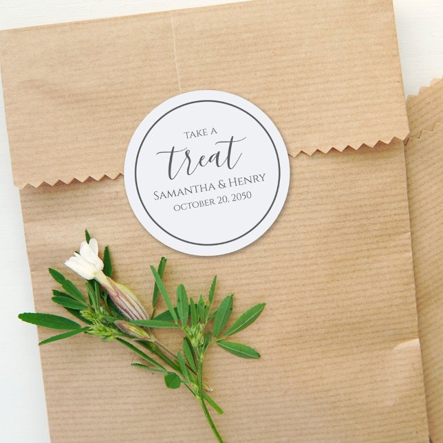 Simple Wedding Script Personalized Treat Classic Round Sticker (Creator Uploaded)