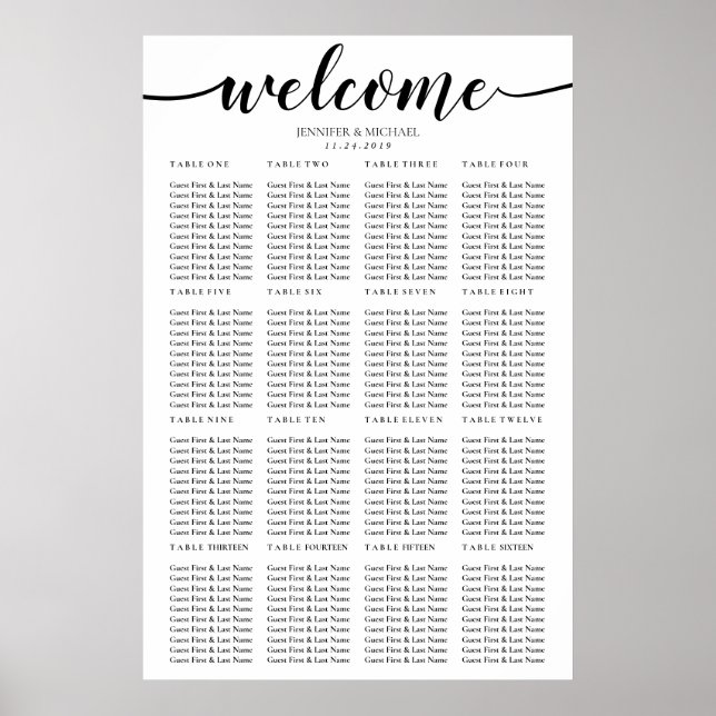 Simple Wedding Sixteen Table Welcome Seating Poster (Front)