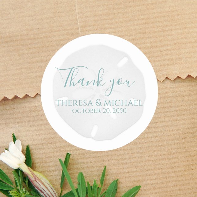 Simple Wedding Thank You Beach Sand Dollar Classic Round Sticker (Thank you sand a dollar wedding favor sticker label. )