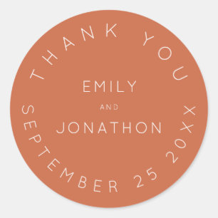 Simple Wedding Thank You Names Date Terracotta  Classic Round Sticker