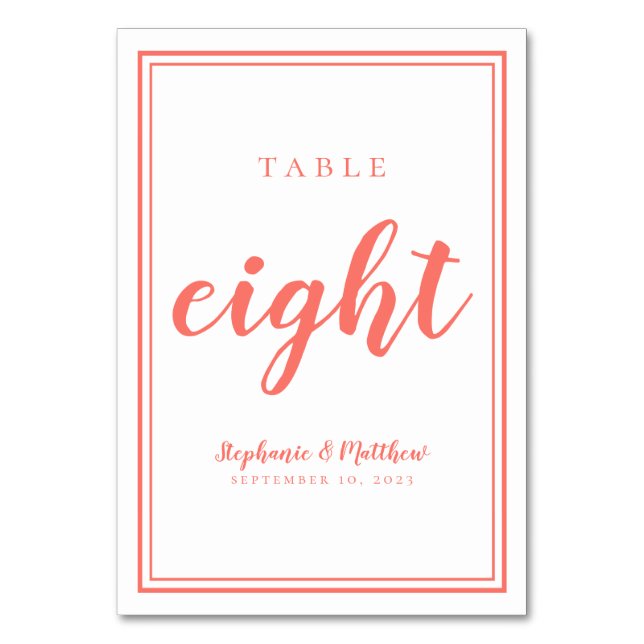 Simple Weddings Table Number Eight Coral & White  (Front)