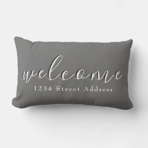 Simple Welcome & Address Script Grey Lumbar Cushion