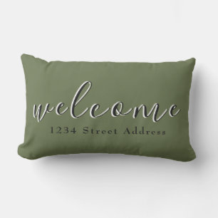 Simple Welcome & Address Script Olive Green Lumbar Cushion
