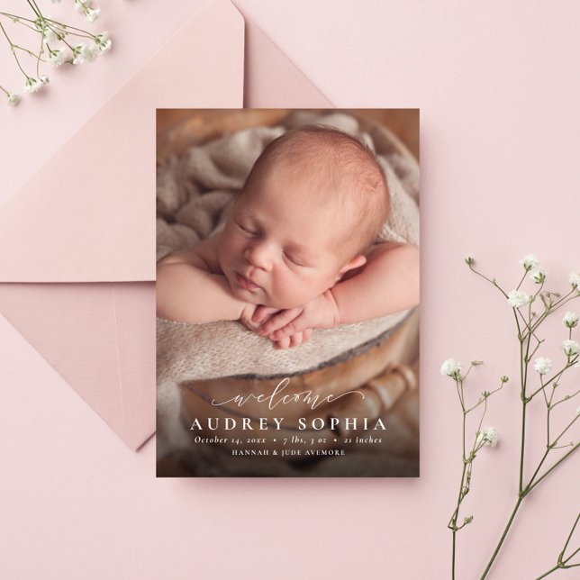 Simple welcome script pink photo birth announcement (Creator Uploaded)