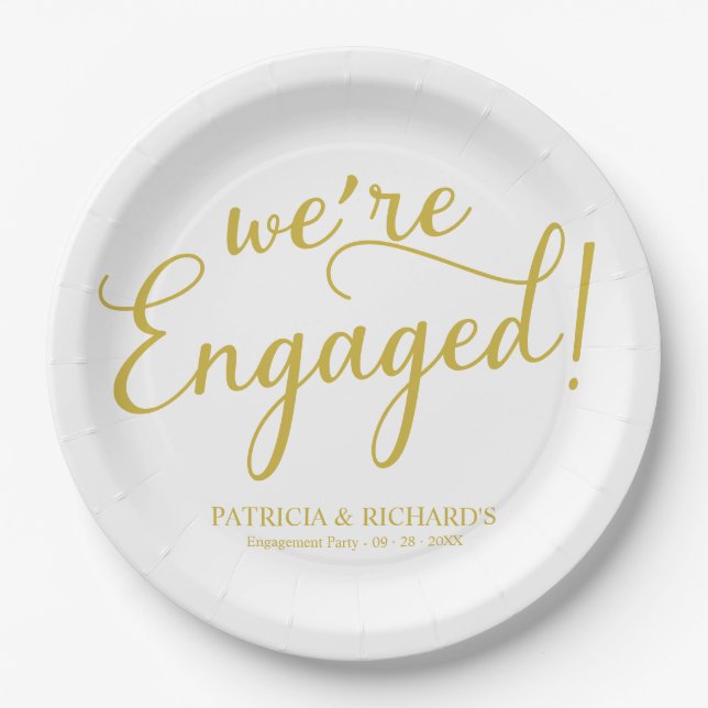 Simple We're Engaged Gold Script Engagement Plates (Front)
