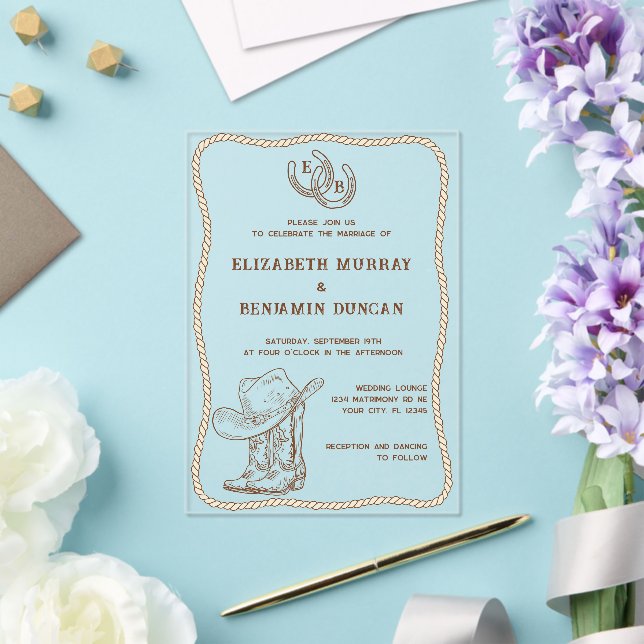 Simple Western Horseshoe Monogram Barn Wedding Acrylic Invitations (Insitu (Wedding))
