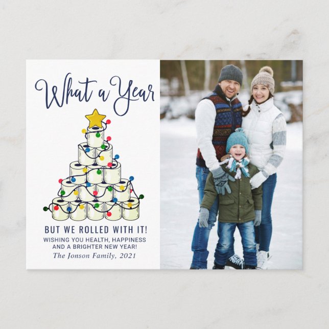 Simple What a Year Christmas Greeting PHOTO Holiday Postcard (Front)
