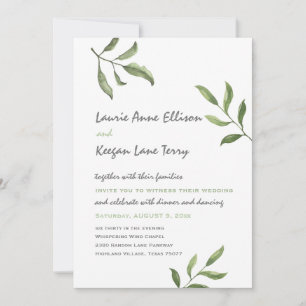 Simple Whimsical Green Watercolor Branches Wedding Invitation