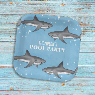 Simple Whimsical Pool Party Sharks Blue Ocean Paper Plate