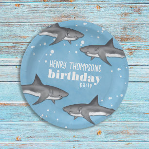 Simple Whimsical Pool Party Sharks Blue Ocean Paper Plate