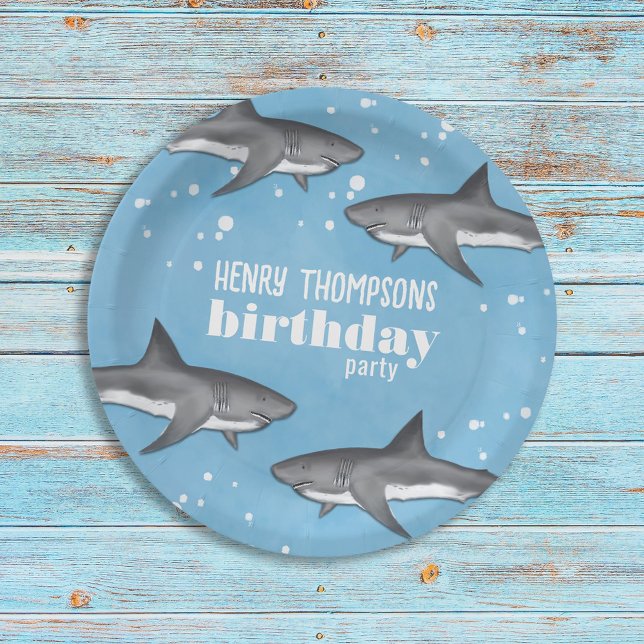Simple Whimsical Pool Party Sharks Blue Ocean Paper Plate (Creator Uploaded)