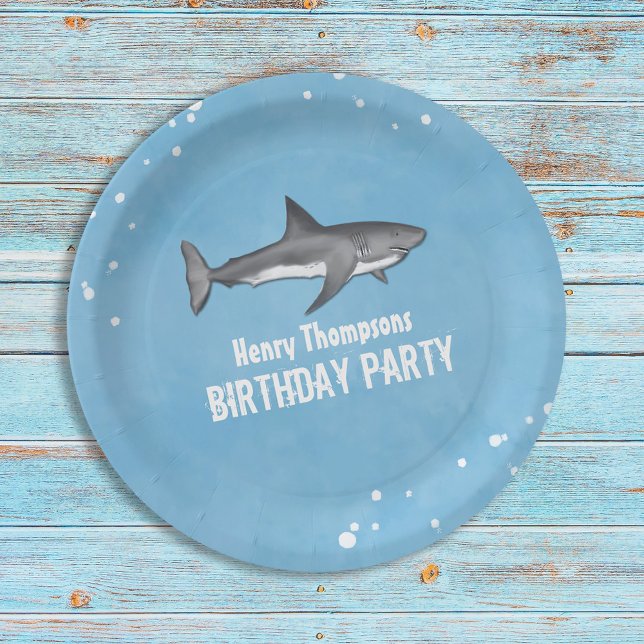 Simple Whimsical Pool Party Sharks Blue Ocean Paper Plate (Creator Uploaded)