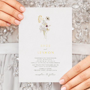 Simple Whimsical Wildflower   Gold Foil Invitation
