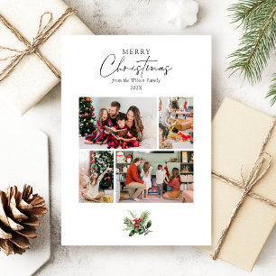Simple White 4 Photo Collage Christmas Greenery Holiday Card