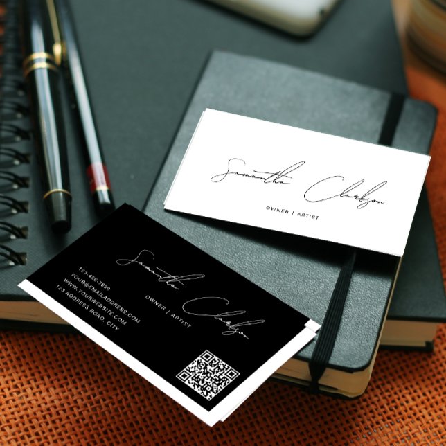 Simple White and Black Handwritten Script QR code Business Card (Creator Uploaded)