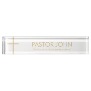 Simple White and Gold Cross with Name and Quote Nameplate
