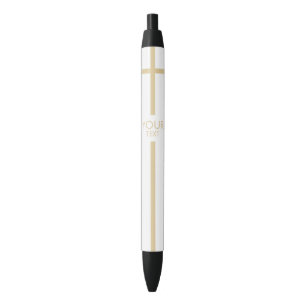 Simple White and Gold Cross with Your Text Black Ink Pen