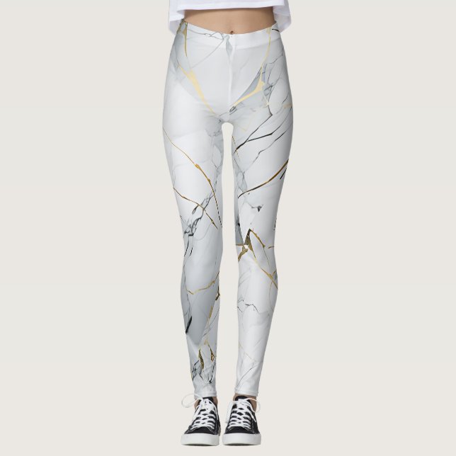 Simple White and Gold Marbled  Leggings (Front)