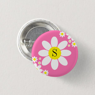 Simple White and Hot Pink Daisy design Initial 3 Cm Round Badge