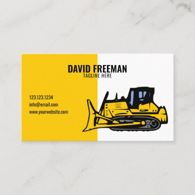 Simple White and Yellow Construction Bulldozer Business Card (Front)