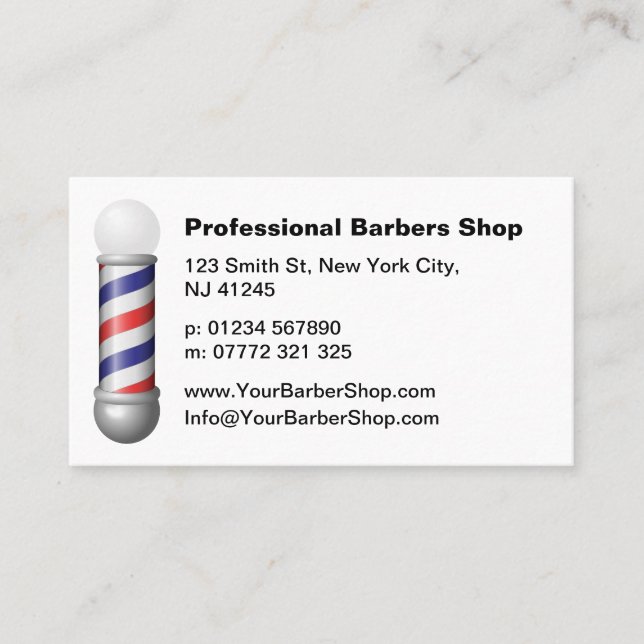 Simple White Barbers Pole Barbershop Business Card (Front)