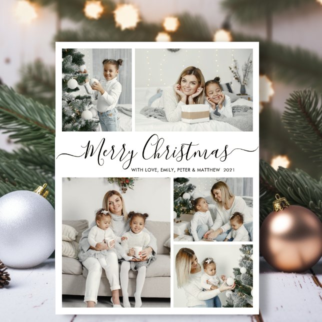 Simple White Black 5 Photo Collage Christmas Holiday Card (Creator Uploaded)