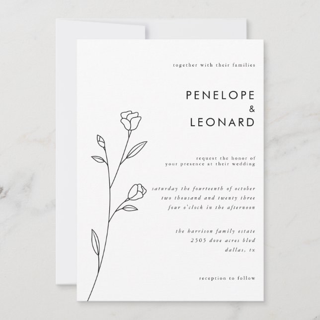 Simple White Black Floral Wedding Invitation (Front)
