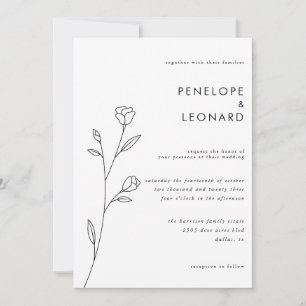 Simple White Black Floral Wedding Invitation